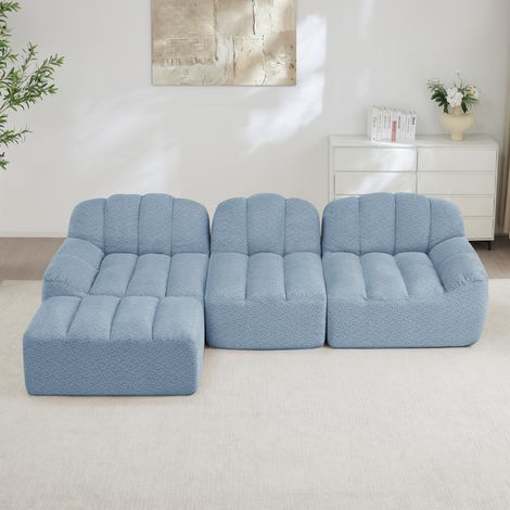 Canapé d'angle modulable 3 places + pouf bleu mousse 32D assise profonde tissu doux