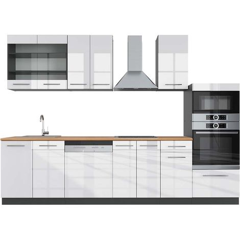 Mueble de cocina Fame-Line, Blanco brillo/antracita, 300 cm con armario alto, ET Roble, Vicco