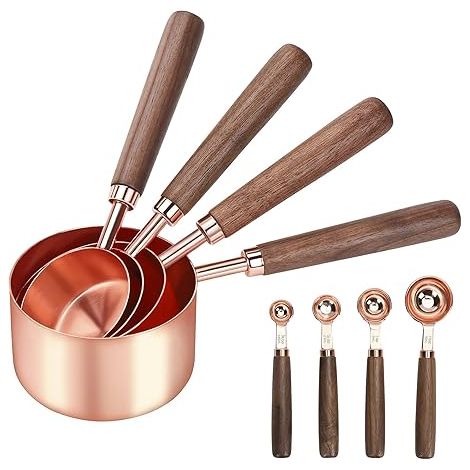 Cuillères et Tasses à Mesurer en Acier Inoxydable, Lot de 8, 4 Cuillères à Mesurer, 4 Tasses à Mesurer, Manche en Bois, Cuillere Doseuse pour Mesurer Sec et Ingrédients Liquides (1/5)