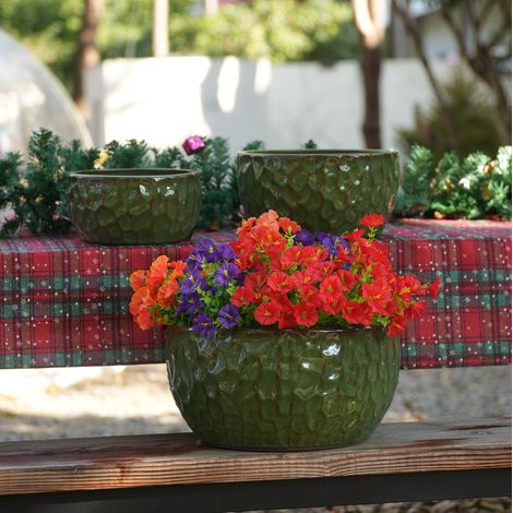 Set de 3 macetas de cerámica verde Ø38/30,5/24,5 cm para interior/exterior FloraGrace (1/5)