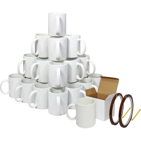 Tazze Sublimazione 72pz 300ml Bianche Ceramica con Manico Rivestite AAA Grado, Scatole Regalo e Nastro Termico 22m x 0,5cm, Sicure per Microonde e Lavastoviglie per Tè/Caffè