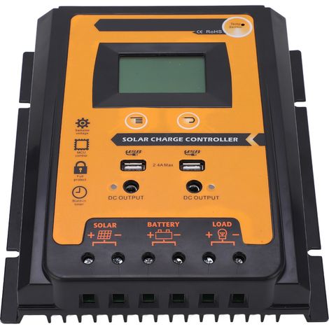 Régulateur de charge solaire 70A 12V 24V, contrôleur intelligent avec écran LCD, double port USB, affichage numérique, protection surcharge et décharge, pour panneaux photovoltaïques, kit hors réseau. (1/5)