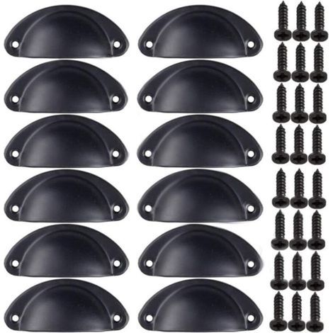 Retro Decorative Door Knob Handle for Furniture Drawer, Vintage Shell Handle for Drawer, Cabinet, Kitchen Furniture, Curved Iron Retro Cupboard Door Knob for Wardrobe (12PCS) Black (1/4)