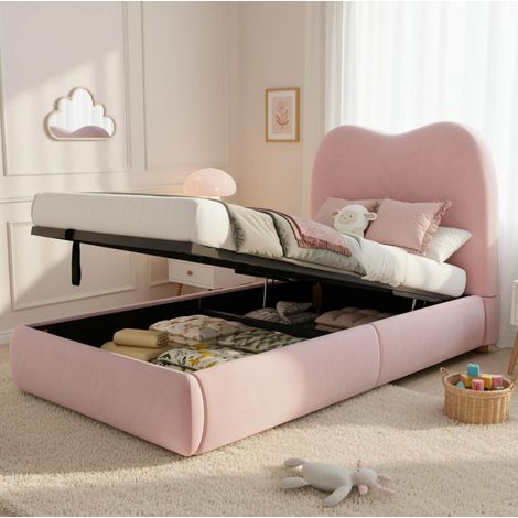 Lit enfant 90 x 200 cm avec coffre hydraulique, sommier, tête de lit capitonnée, velours rose REDOM (1/5)