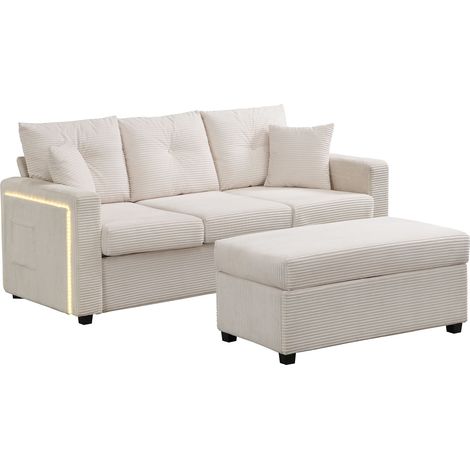 Canapé Droit Modulaire - 3 Places - Velours Côtelé - LED & Pouf Inclus & Coussins Inclus - 184 x 84.5 x 85.5 cm - Moderne - Beige (1/5)