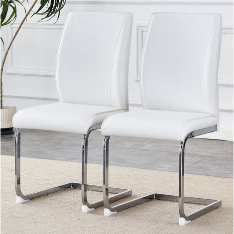 Juego de 2 sillas de comedor, respaldo ergonómico, asiento acolchado, metal y PU, blanco y plata (1/5)