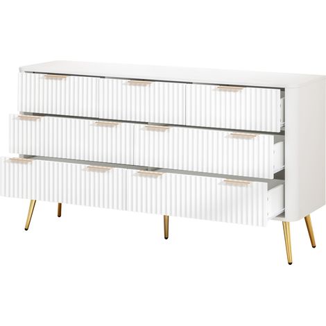 Comò moderno bianco a 7 cassetti in MDF con maniglie metalliche e guide soft-close (1/5)