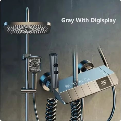 4-Funktionen Badezimmer-Duscharmatur-Set, Digitalanzeige-Duschen, komplett aus Kupfer, für heiße und kalte Duschmischer, Kupferarmaturen mit hoher Entladung - Grau