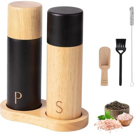 Moulin à Poivre et Sel en Bois Avec Plateau, 7 Pouces Manuel Salieres et Poivrieres (2 pièce), Grossier et Fin Réglable, Rotor en Céramique, pour Piment, Lilas, Poivre, Sel (Bois Noir) (1/5)