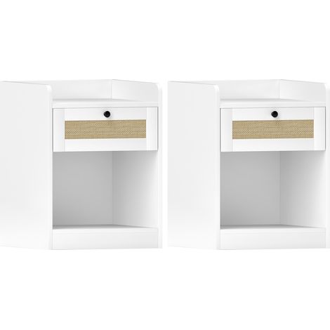 Set di 2 comodini per camera da letto con cassetto e frontale in rattan, 40x40x53 cm,bianco.