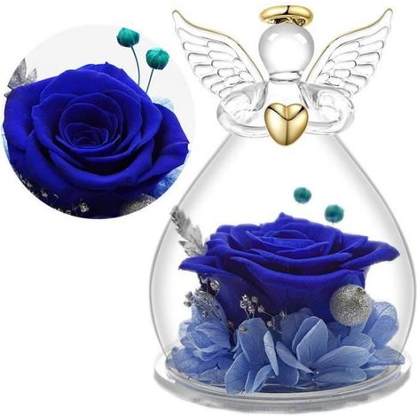 Fleur éternelle - Rose - Statue ange en verre - Bleu - Cadeau de Noël - Décoratif (1/4)