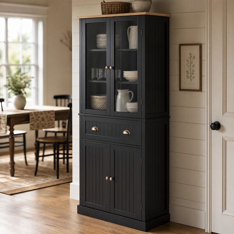 Buffet meuble cuisine rangement armoire de cuisine 4 portes dont 2 portes vitrées et 1 tiroir étagères réglables - noir (1/5)
