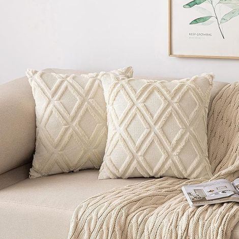 Housse Coussin 40x40 cm Beige Carré Brodé Poils (1/5)