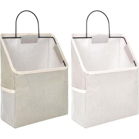 2 Pièces Sac de Rangement Suspendu Mural, Panier de Rangement en Coton et Lin avec Crochet, Poche Rangement Mural avec Cadre en Métal, Gris et Blanc Organisateur Mural Suspendu (1/5)