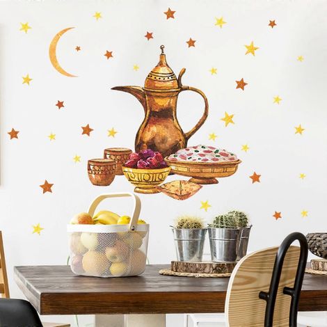 Sticker mural Eid Mubarak Lune Étoile Bonbon Décoration de fenêtre Décalcomanie Ornement pour la fête islamique musulmane du Ramadan, salon Papier peint (1/4)