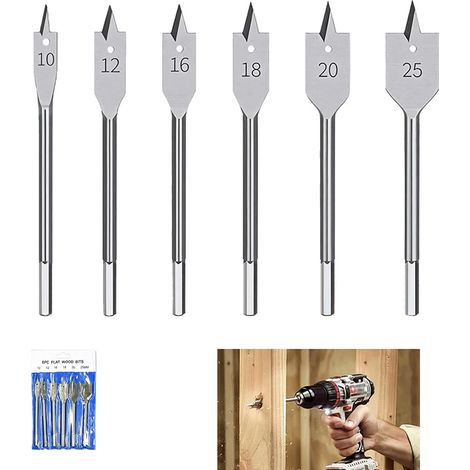 Lot de 6 forets à bois plats avec pochette de transport , outils de coupe de trou en acier haute résistance pour le travail du bois tendre , tailles 10 mm , 12 mm , 16 mm , 18 mm (1/5)