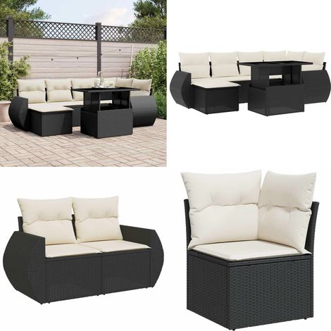 Salon de jardin 7 pcs avec coussins noir résine tressée - Ensemble Salon De Jardin - Meuble Extérieur - Jardin Design - Mobilier Résistant Aux Intempéries - Chaise Lounge - Home & Living (1/5)