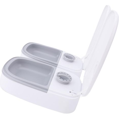Distributeur automatique de croquettes pour animaux (2 repas), avec minuterie, fond antidérapant et gamelles séparées, gris. (1/5)