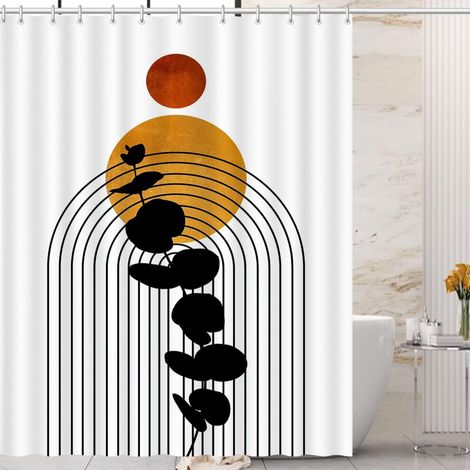 Cortina de ducha de estilo bohemio, 182 cm x 182 cm, diseño abstracto minimalista medieval-moderno, hermoso estilo bohemio, blanca, 12 ganchos.