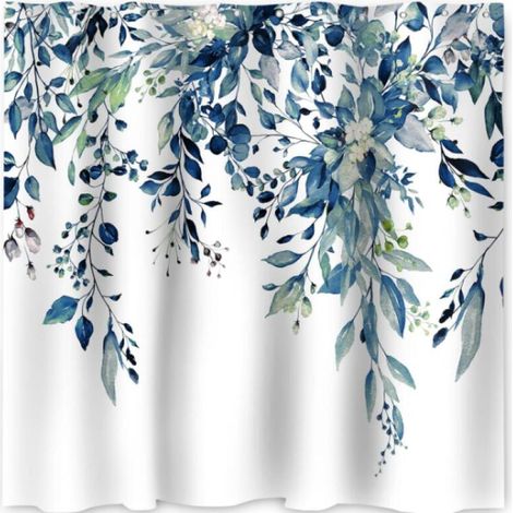 Blauer Duschvorhang aus Polyester mit Blumenmuster, schimmel- und mehltauresistent, mit 12 Haken, schnelltrocknend, wasserdicht, 180 x 180 cm (1/5)