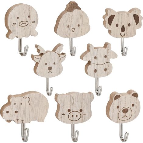 8 Pcs Porte Manteau Mural Enfant, Patere Murale Bois Autocollantes en Forme d'animaux pour Serviette Porte-Clés, Chambre,Salon, Chambre d'enfant, Cuisine, Serviettes (1/5)