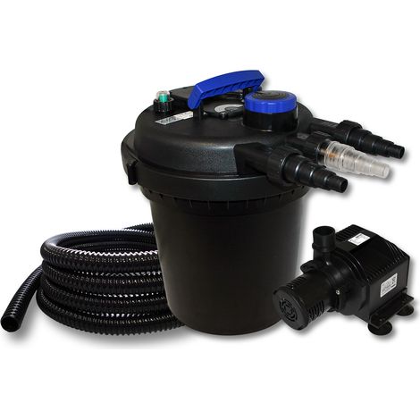 Wiltec Komplettset: CPF-180 Teichdruckfilter bis 6000 L mit 11 Watt UV-C Teichklärer, HJ-5000 ECO Teichpumpe 4000l/h 65W, 25m Teichschlauch 25 mm (1")