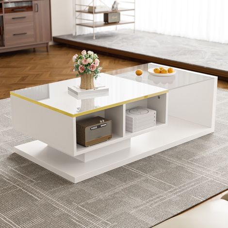 Mesa de centro con LED tablero de cristal templado y estantes abiertos tablero de partículas 100x50x32.5cm color blanco (1/5)