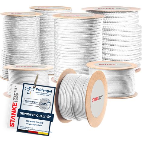 Seilwerk STANKE Polypropylen Seil geflochten PP Seil Polypropylenseil WEISS Festmacher Flechtleine Tauwerk Tau Reepschnur, 8mm, 50m