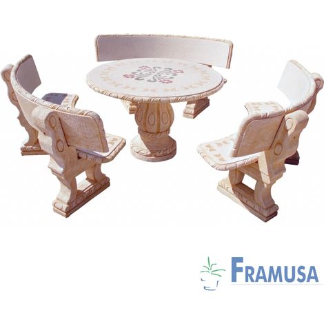 CONJUNTO COMEDOR PIEDRA CIRCULAR JARDIN CASTAÑO PARSIFAL AMARILLO PULIDO Y DECORADO CON RESPALDO OCRE