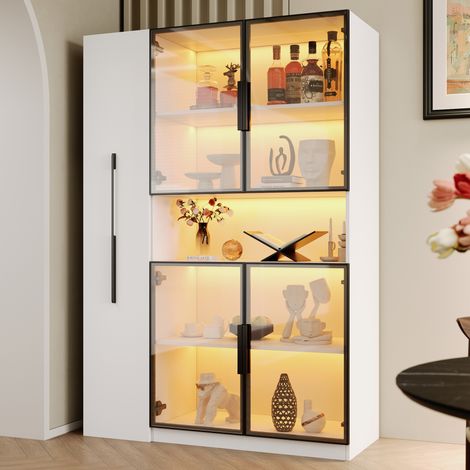 Vitrina de cristal (110x35x160 cm), con iluminación LED de colores, estantes extraíbles, MDF blanco (1/5)