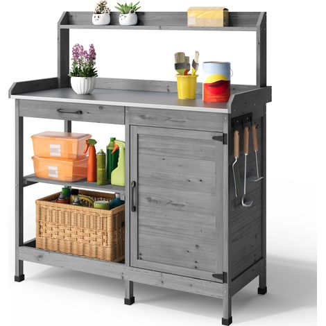 Tavoli da lavoro per Giardinaggio Bealife Armadio Esterno in Legno di Abete Piatto Metallo 6 Ganci 1 Porta 1 Cassetto Grigio (1/5)