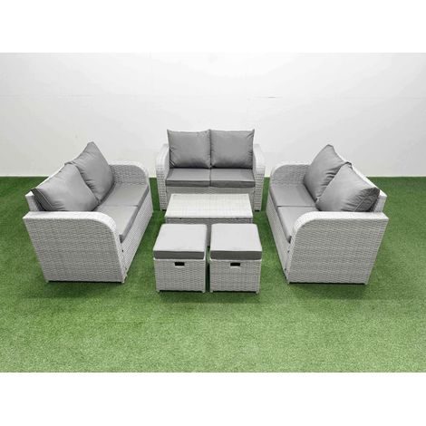 Fimous 8 Seater PE Wicker Rattan Furniture Sofa Sets with Rectangular Coffee Table 2 Seater Love Sofa 2 Stool Side Table Light Grey (1/4)