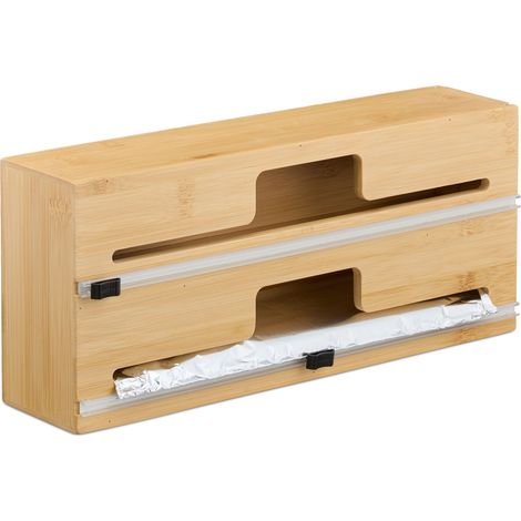 Relaxdays Folienspender, 2 Rollen, für Schublade, Bambus, HxBxT: 14,5 x 33,5 x 8 cm, Folienaufbewahrung Küche, natur