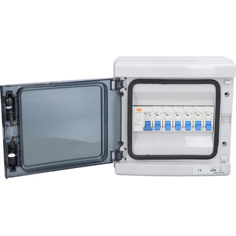 Boîte de distribution étanche 230V européenne 6 voies avec 6 disjoncteurs (B6A×2 + B16A×2 + B32A×2) et interrupteur différentiel 63A 1P+N type B, certifié CE et UKCA, usage extérieur. (1/5)
