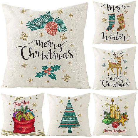 lot De 6 Taies D'oreiller De Nol, Dcoration De Jardin, Taies D'oreiller Joyeux Nol En Coton Et Lin, 45 X 45 Cm (1/5)