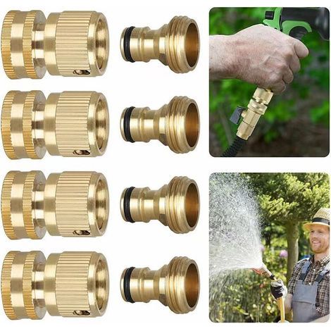 Lot de 2 paires de tuyaux d'arrosage 2 en 1 1/2" et 1,9 cm 2 en 1 Connecteur rapide en laiton Connecteur rapide d'extrémité de tuyau d'arrosage Kit de connexion pour cuisine jardin extérieur (1/4)