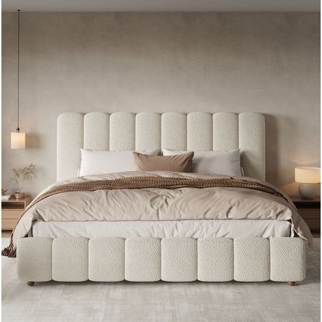 Lit double 180x200 cm en bouclé blanc avec coffre hydraulique, pour chambre, sans matelas – MEUBLIV (1/5)