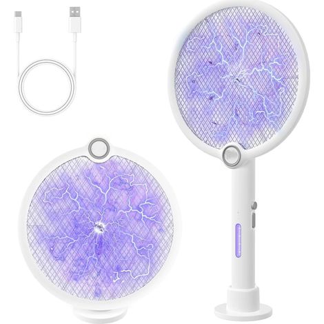 Raquette de Protection Anti-Insectes 2 en 1 avec Lumière UV  Mode Manuel & Mode Auto à Barrière Active, Batterie 1800mAh Recharge USB-C, Pour Intérieur, Patio & Jardin (Blanc) (1/5)