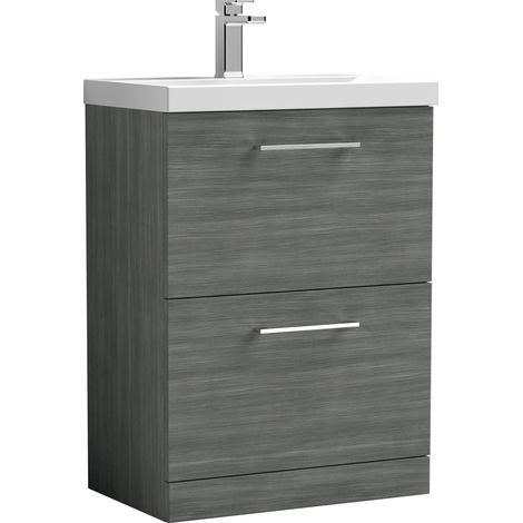 Nuie Arno Floor Standing 2-Drawer Vanity Unit with Basin-3 600mm Wide - Anthracite Woodgrain (1/5)