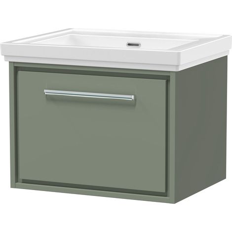 Balterley Longnor Modern Wall Hung Single Drawer Bathroom Vanity with Fireclay Basin, Fern Green, 600mm