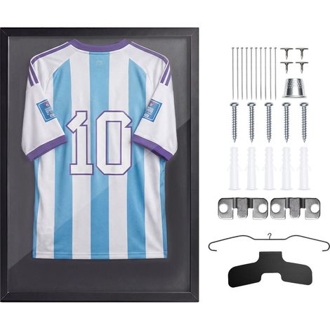 Mophorn Vitrina para camisetas deportivas, 35,4 x 27,6 x 1,2 pulgadas, caja expositora de madera con panel de policarbonato que ofrece protección UV del 98 % y soporte para colgar, negro. (1/5)