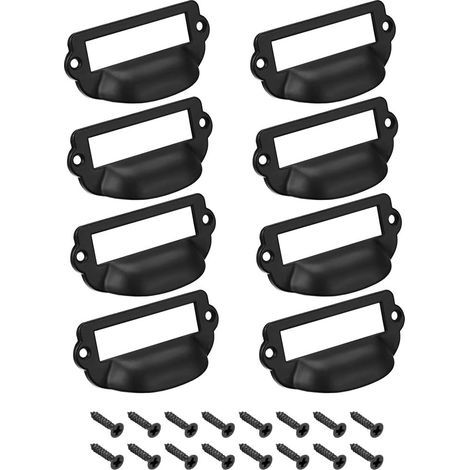 Porte-étiquettes, poignées de tirage, cadres d'étiquettes vintage en alliage de zinc, boutons de tiroir pour meubles, noirs, 82 x 40 mm, avec vis, lot de 8 (1/5)