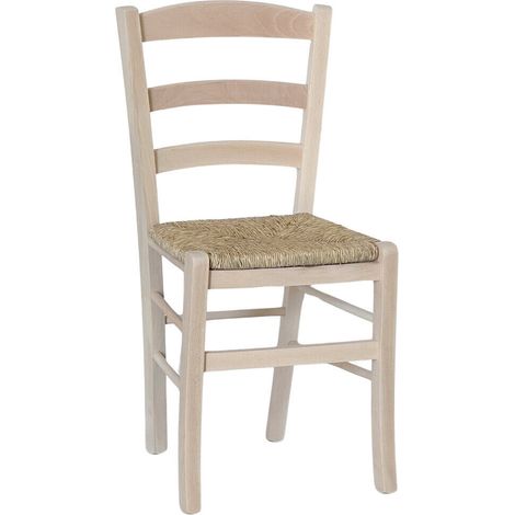 Sedia da sala da pranzo in legno paesana da dipingere con sedile in paglia