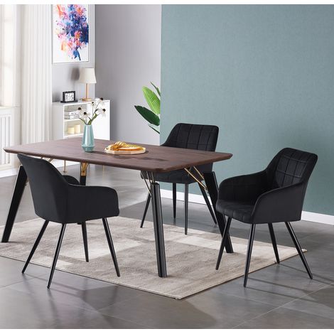Cosmo LUX Camden Dining Set - a Walnut Wooden Dining Table and Set of 4 Black Velvet Dining Chairs - Dining Room Kitchen (1/5)