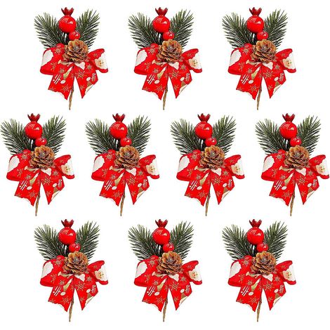 Set mit 20 künstlichen Kiefernnadeln mit roten Tannenzapfen und Stielen, verziert mit einer Schleife, zum Schmücken des Weihnachtsbaums