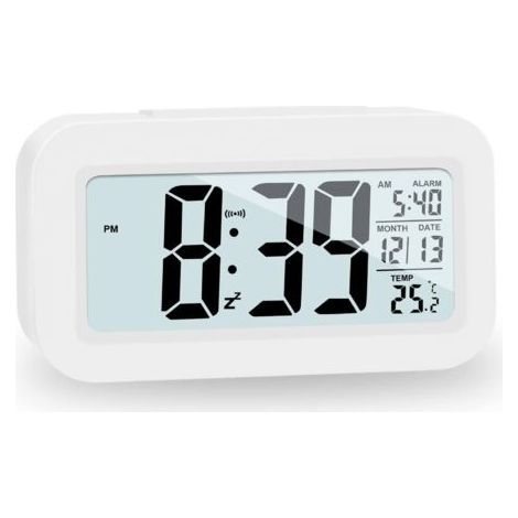 Reloj despertador digital, reloj de pilas, despertador silencioso para niños y adultos, gran pantalla LED, calendario con temperatura (blanco) (1/5)