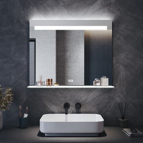 SONNI Wandspiegel LED Badezimmerspiegel mit Beleuchteter Ablage, Quadrat Badspiegel mit Beleuchtung 3 Lichtfarben Rasiersteckdose Anti-Beschlag, 1000 x 650 mm