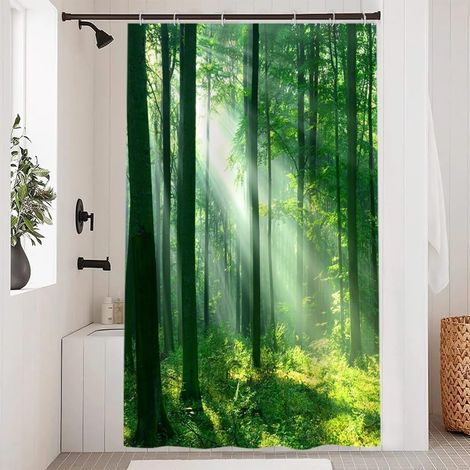 1 Rideau Douche, 120x180cm, Motif Feuilles Vertes, Tissu Polyester Imperméable, Avec 8 Crochets, Pour Salle de Bain (1/5)