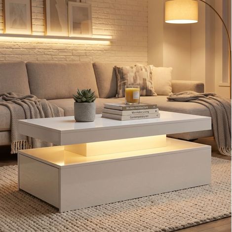 Tavolino LED con contenitore, 2 livelli, 2 cassetti, RGB, 100 x 50 x 40 cm, bianco lucido DESVIAE (1/5)
