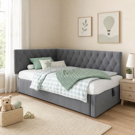 Divano letto 90x190 cm grigio a L con vano idraulico, velluto, senza materasso (1/4)